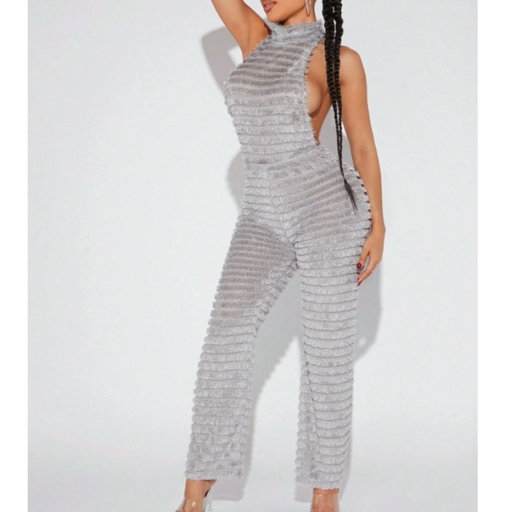 FUZZY Mock Neck T Back Silver Halter Jumpsuit Sz S